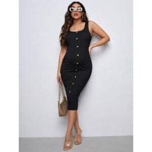 Shein Black Ribbed Button Detail Midi Dress Size M Maternity REE10487